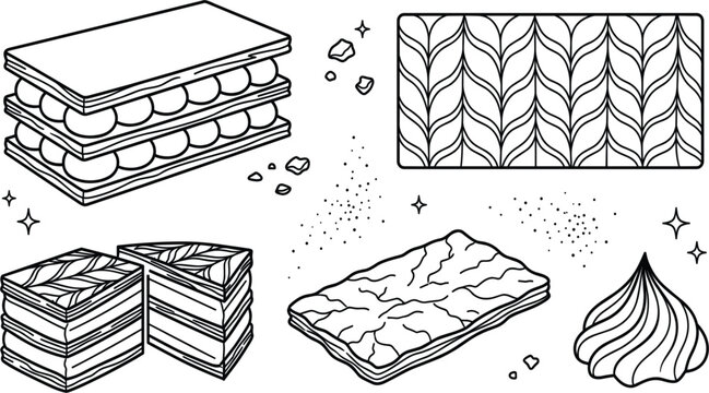 Mille Feuille Bakery Dessert Vector Icon Set Featuring French Puff Pastry Napol&eacute;on Cake Layers and Whipped Cream for Caf&eacute; Menu Designs