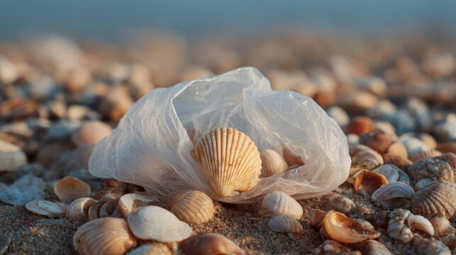 White plastic bag lying on a sandy beach. the bag is partially open, revealing a single scallop shell inside. the shell is light brown in color and has a smooth texture.