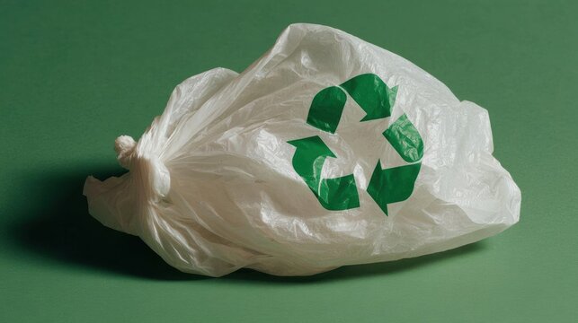 White plastic bag with a green recycling symbol on it. the bag appears to be empty and is lying on a green background.