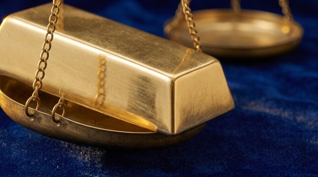 Close view of a gold block pressing a scale pan