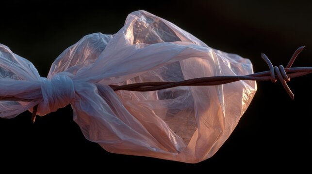 Close-up of a barbed wire wrapped around a transparent plastic bag. the wire appears to be tangled and twisted, with the ends of the wire twisted and twisted together.