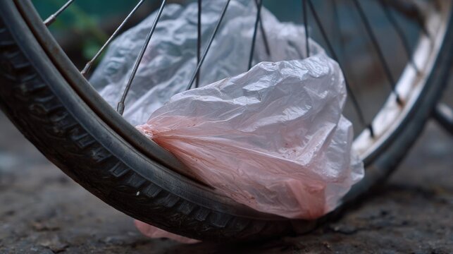 Close-up of a bicycle wheel with a pink plastic bag on it. the bag appears to be empty and is lying on the ground next to the tire. the tire is black and has a tread pattern.