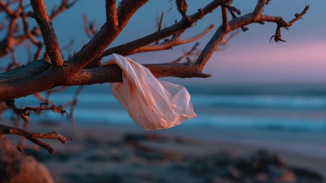 Tree branch with a white plastic bag hanging from it. the branch is bare and has no leaves. the background is blurred, but it appears to be a beach with the ocean in the distance.
