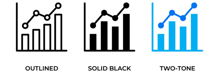 Obraz premium Business growth bar chart icons, financial data analytics symbols, outlined and solid black vector set, blue two-tone marketing graphics