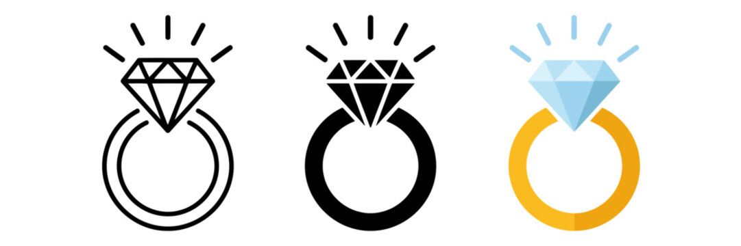 Diamond engagement ring icon set, sparkling jewelry vector collection, gold wedding ring symbols for marriage and luxury branding
