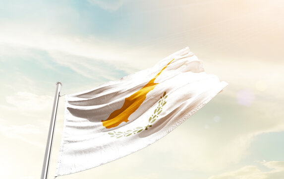 Cyprus national flag waving in sky.