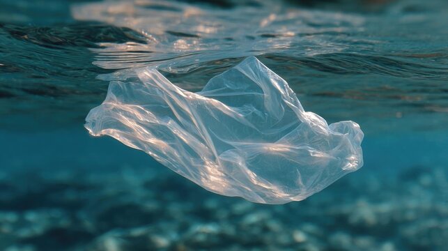 Single plastic bag floating in the ocean. the bag appears to be made of a transparent material and is partially submerged in the water.