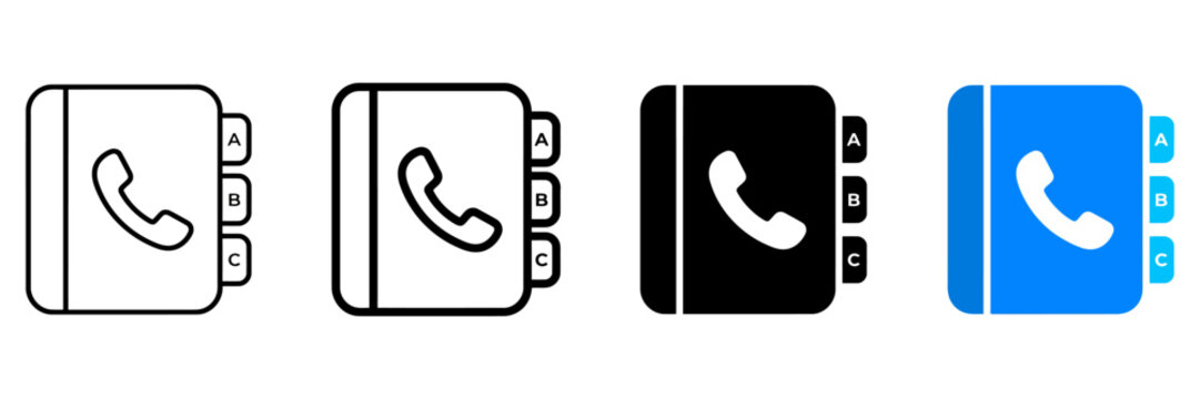 Address book icon set, phone directory vector symbols, contact list notebook in line and flat styles, 4 communication icons
