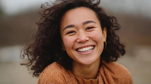 Close-up portrait of a young woman with curly hair. she is smiling widely and appears to be happy and relaxed. the background is blurred, but it seems to be an outdoor setting with trees and greenery.