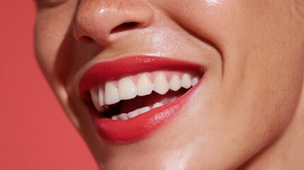 Naklejka premium Close-up of a woman's mouth, showing her teeth. she is smiling widely, showing off her white teeth and red lipstick.