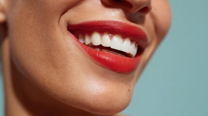 Naklejka premium Close-up of a woman's mouth, showing her teeth. she is smiling widely, showing off her white teeth and red lipstick. the background is a light blue color, and the focus is on her mouth.