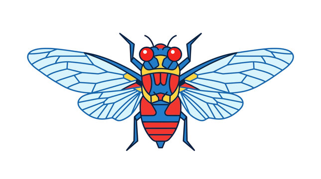 Cicada vector illustration featuring red eyes and blue transparent wings isolated on white.