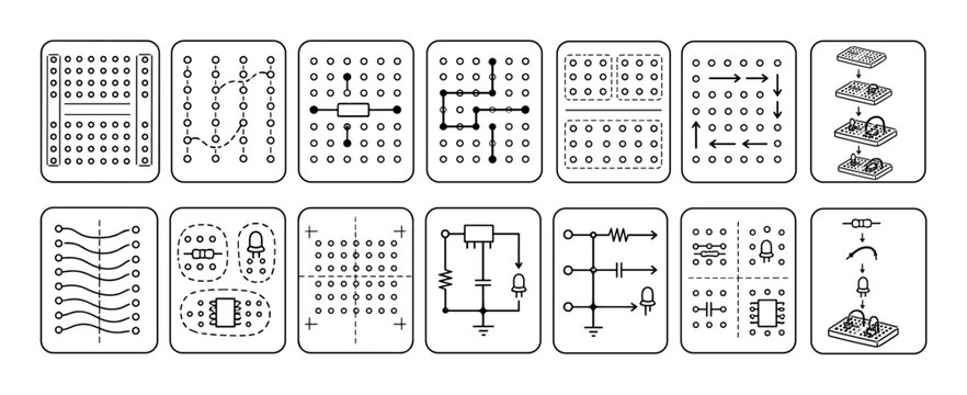 Electronic prototyping and breadboard tutorial icons showing circuit diagrams, component placement, and connectivity rules in a clean black and white line art illustration set