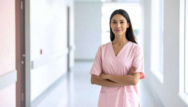 A female healthcare professional in pink scrubs standing confidently in a hospital hallway, arms crossed. She is smiling and looking directly at the camera