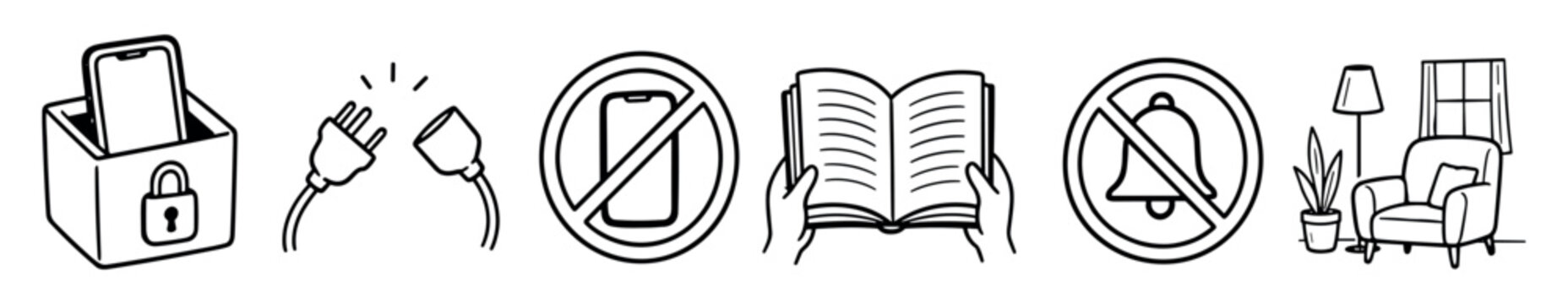 Hand-drawn black and white icon set illustrating a digital detox concept with a locked phone, unplugged cord, reading book, and silent mode for a mindful lifestyle