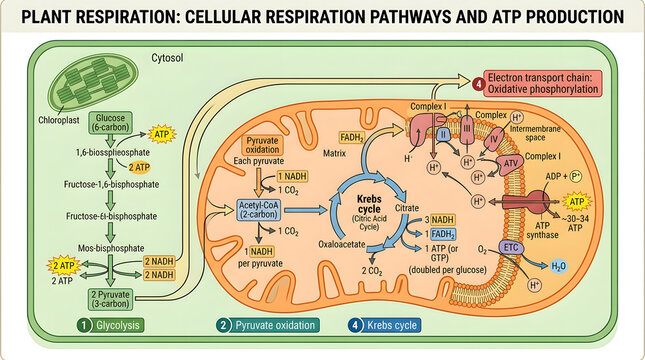 Plant respiration cellular respiration pathways and atp production diagram with cellular