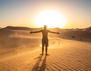 Fototapeta premium Man Standing on Desert Dune Embracing Sunset with Open Arms and Bright Horizon in Background