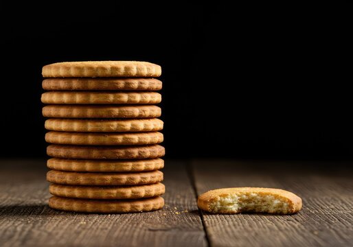 A close-up shot of a perfect stack of golden, sweet biscuits resting on a weathered wooden table. These classic treats are ready for a snack or dessert ,baked food ,tea ,sugar