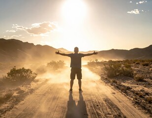 Fototapeta premium Silhouette of a Person with Outstretched Arms Against a Bright Sunset in a Desert Landscape