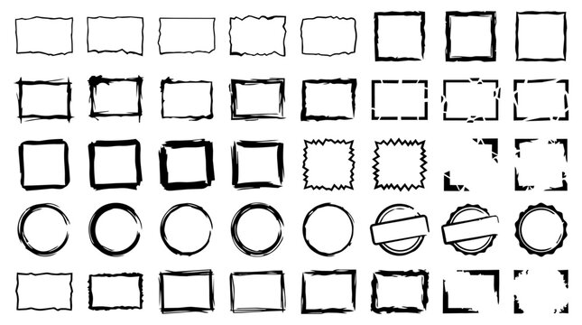 Grungy Rectangular Frames, Vintage Squares And Circular Borders, Rough Edges And Scribbled Lines Art, 60 Elements Hand Drawn Texture, Sketchy Background Embellishments