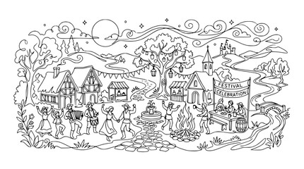 Fototapeta premium Medieval Village Festival Celebration Dancing Music Feast Castle Landscape Outline