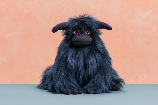 Purple furry toy creature with wide eyes and stubby horns, sitting against a coral painted wall for children's brand mascots and playful marketing