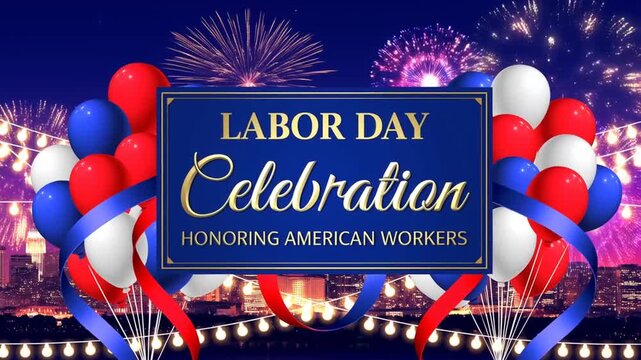 Festive labor day celebration background featuring colorful fireworks and red white and blue balloons at night time