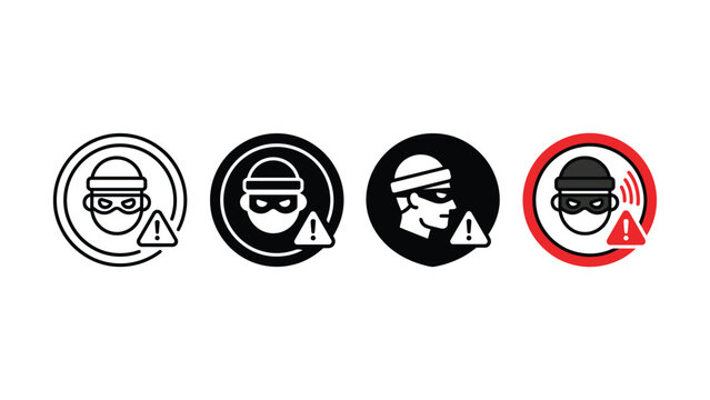 Set of vector thief icons with alert sign and burglar head illustration