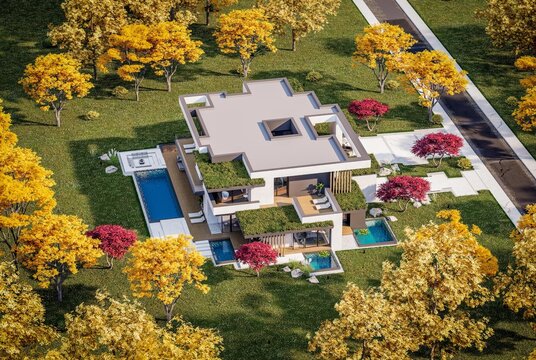3d rendering of two-story house with parking and pool for sale or rent with concrete facade and beautiful landscaping on background. Clear sunny autumn day with golden leaves anywhere