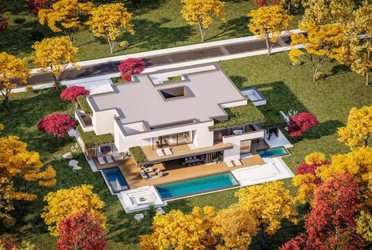 3d rendering of two-story house with parking and pool for sale or rent with concrete facade and beautiful landscaping on background. Clear sunny autumn day with golden leaves anywhere