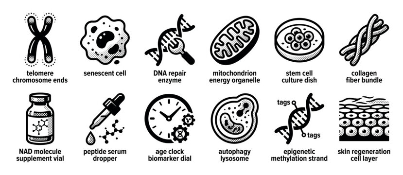 Set of black and white icons illustrating concepts of aging, longevity, and cellular biology, including telomeres, DNA repair, mitochondria, and stem cells in a graphic line art style