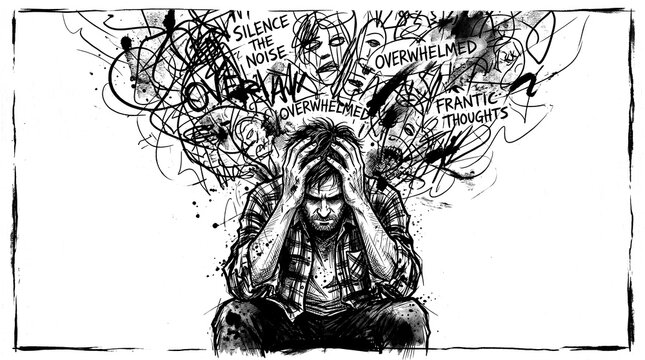 Man suffering from mental health issues and overwhelming thoughts in black and white sketch.