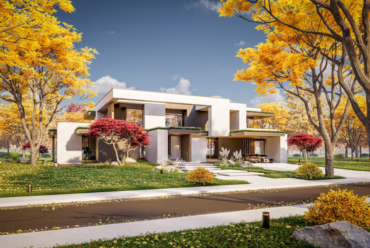 3d rendering of two-story house with parking and pool for sale or rent with concrete facade and beautiful landscaping on background. Clear sunny autumn day with golden leaves anywhere
