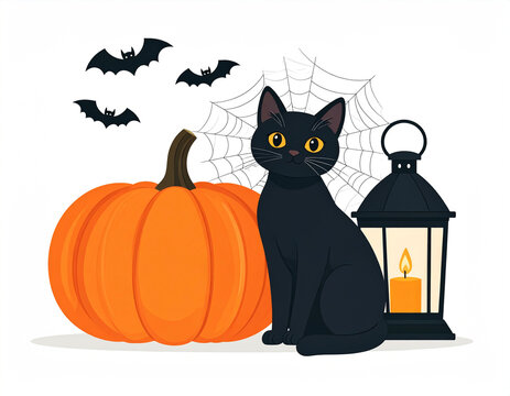 Halloweenowa dekoracja z czarnym kotem, dynią i nietoperzami