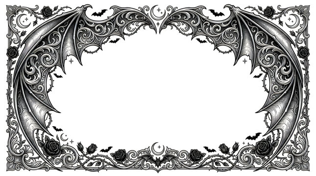 Intricate black and white vintage floral halloween frame with ornate decorative scrollwork and elegant botanical border design