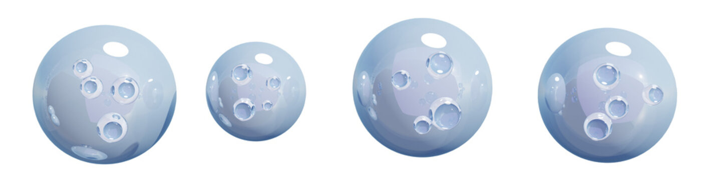 Wide banner of glass bubbles with smaller bubbles nested inside, in pale ice-blue tones on transparent background