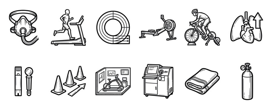 Set of sports science performance testing icons in a hand-drawn sketch style showing equipment for VO2 max, lactate analysis, and cardiorespiratory assessment