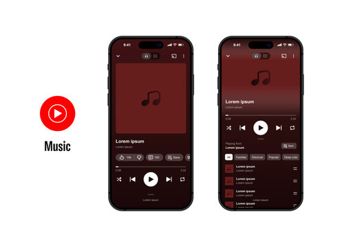 Youtube music streaming service app mockup with player interface mobile display on smartphone screen template design for digital audio playback media library ui ux track
