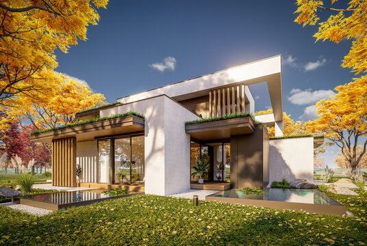 3d rendering of two-story house with parking and pool for sale or rent with concrete facade and beautiful landscaping on background. Clear sunny autumn day with golden leaves anywhere