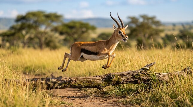 Antelope leaping over obstacle, Thomson's gazelle jumping over a log in grassy African savannah  