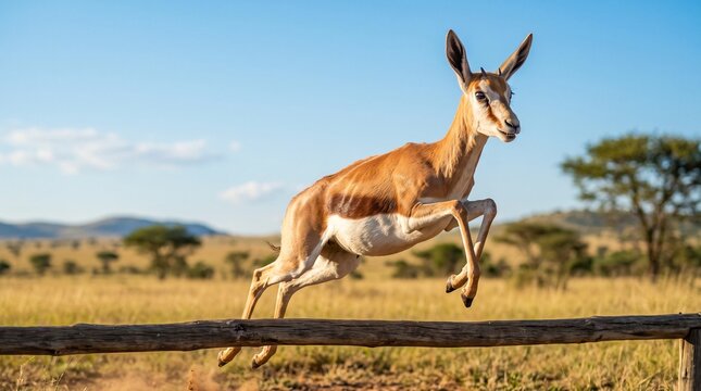 Antelope leaping over obstacle, Springbok antelope jumping over a wooden fence in African savanna  