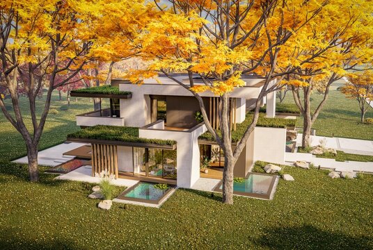 3d rendering of two-story house with parking and pool for sale or rent with concrete facade and beautiful landscaping on background. Clear sunny autumn day with golden leaves anywhere