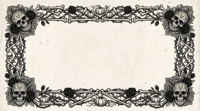 Vintage decorative rectangular halloween frame featuring intricate floral patterns and skull illustrations for gothic style design projects