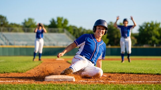 Baseball field with bases, Teenage boy baseball player sliding into base on outdoor field during game  