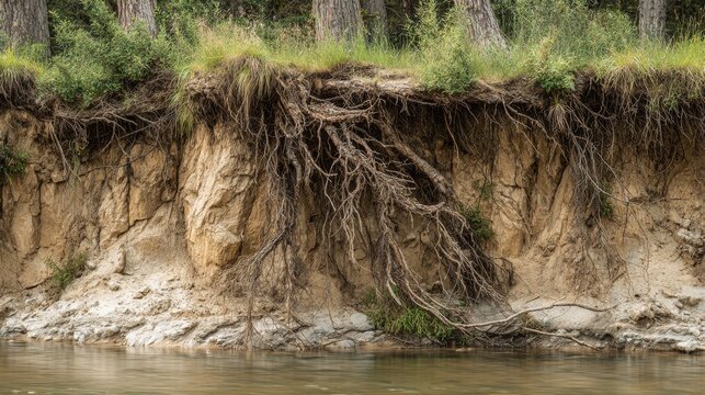 Eroded riverbank reveals tree roots & sediment layers, edged by lush greenery. The water gently flows below