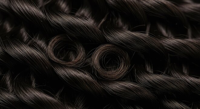 A detailed close-up shot of luxurious, dark hair styled into perfectly formed, bouncing spiral ringlets, showcasing texture and shine ,classic ,intricate ,special occasion