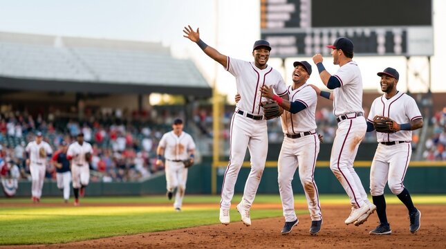 Baseball team celebrating victory on field during game at stadium  