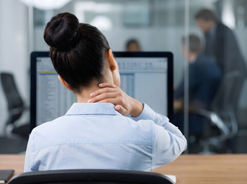 Stressed businesswoman sitting at office desk feeling neck pain while working on computer in modern workplace