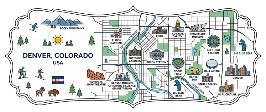 Stylized City Map Illustration with Landmarks and Nature