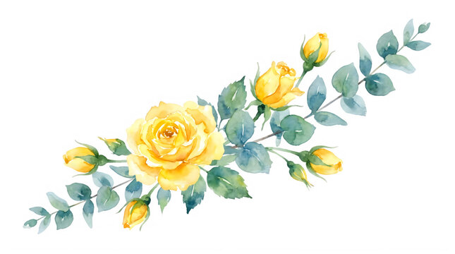 Watercolor yellow roses floral arrangement, elegant botanical bouquet with eucalyptus leaves, soft hand painted flower border for wedding stationery isolated on Transparent Background